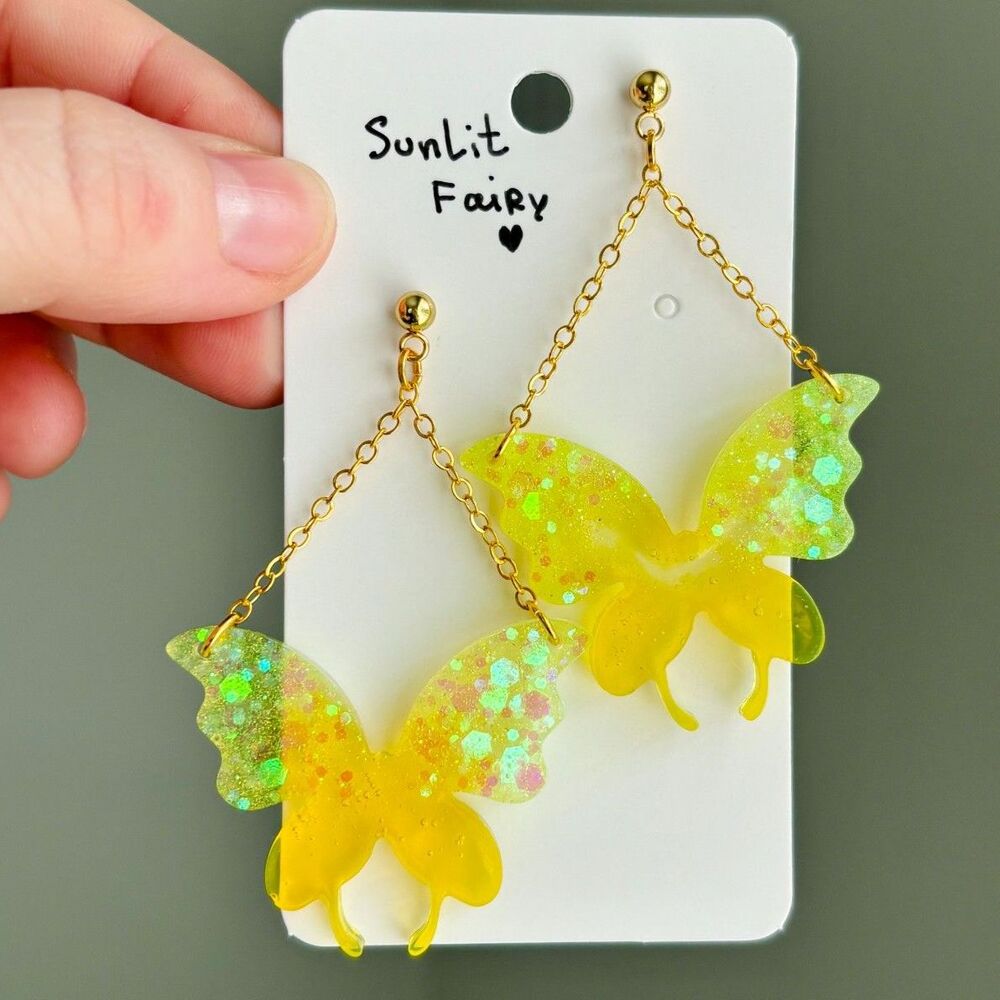 Yellow Butterfly Earrings Wings, Whimsical Resin Dangles with Gold Chain Jewelry